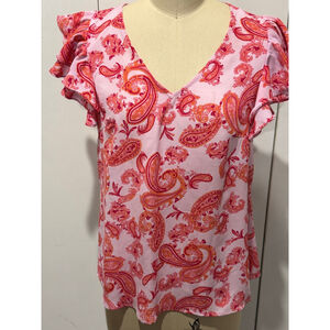 Women's CHAUS Pink Orange Paisley Ruffle Sleeve v-neck Blouse S